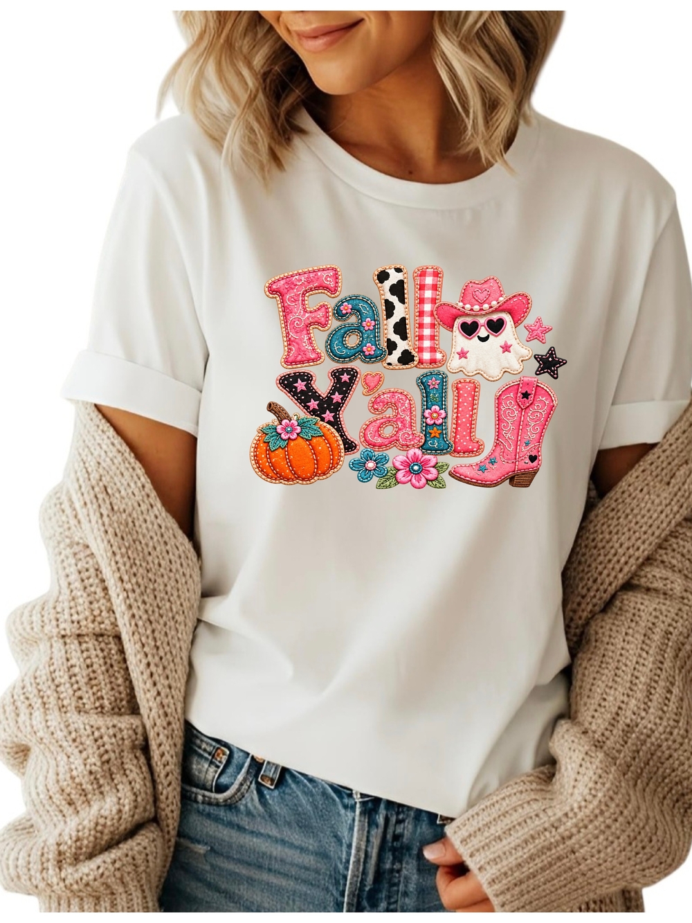 Fall Y'all White Graphic Tee - Pink & Orange Design